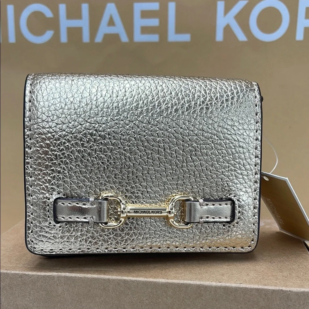 MICHAEL KORS Carson Small Metallic Pebbled Leather Wallet Pale Gold  NWT